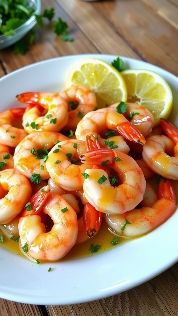 A flavorful dish of garlic butter shrimp garnished with parsley and lemon on a rustic table.